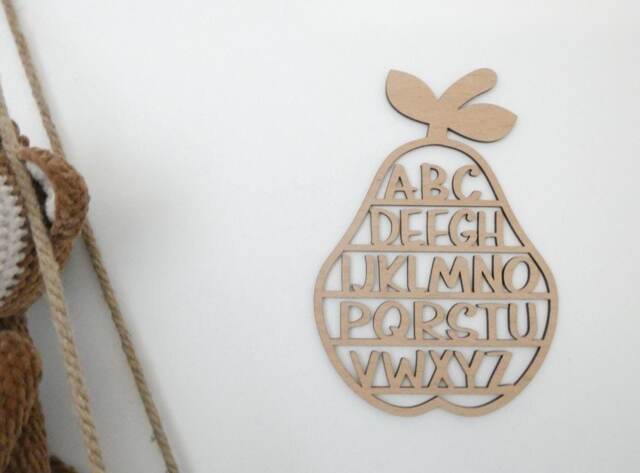 Alphabet Pear Decoration - Wooden Nursery Decor Children's Bedroom Playroom Wall Art Sign Scandi Boho Classroom School Montessori - image 1