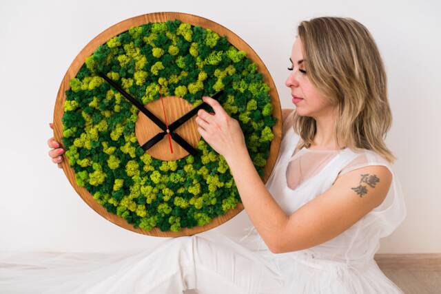 Oversized Moss Wall Clock, Eco Friendly Wood Decor, Modern Green Office Home Art - image 1