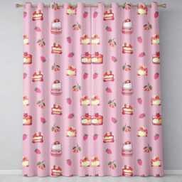 Cute Strawberry Cherry Cake Dessert Rose Pink Background Seamless Pattern Readymade Eyelet Ring Top Thermal 100% Blackout Curtains - thumbnail 2