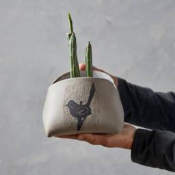 Hand-Carved Ceramic Succulent Planter Gray Bird Sgraffito Design - thumbnail 3