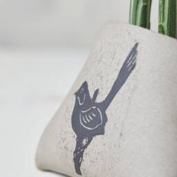 Hand-Carved Ceramic Succulent Planter Gray Bird Sgraffito Design - thumbnail 4