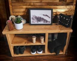 Rustic Wood Shoe Rack Bench Farmhouse Storage, Antique Pine Wax