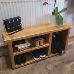 Rustic Wood Shoe Rack Bench Farmhouse Storage, Antique Pine Wax - thumbnail 2