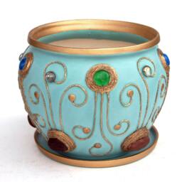 Large Hand Painted Turquoise Gold Ceramic Plant Pot, Big Planter With Drainage Hole & Tray, Accent Flower Luxury Boho Home Decor - thumbnail 3