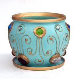 Large Hand Painted Turquoise Gold Ceramic Plant Pot, Big Planter With Drainage Hole & Tray, Accent Flower Luxury Boho Home Decor - thumbnail 4