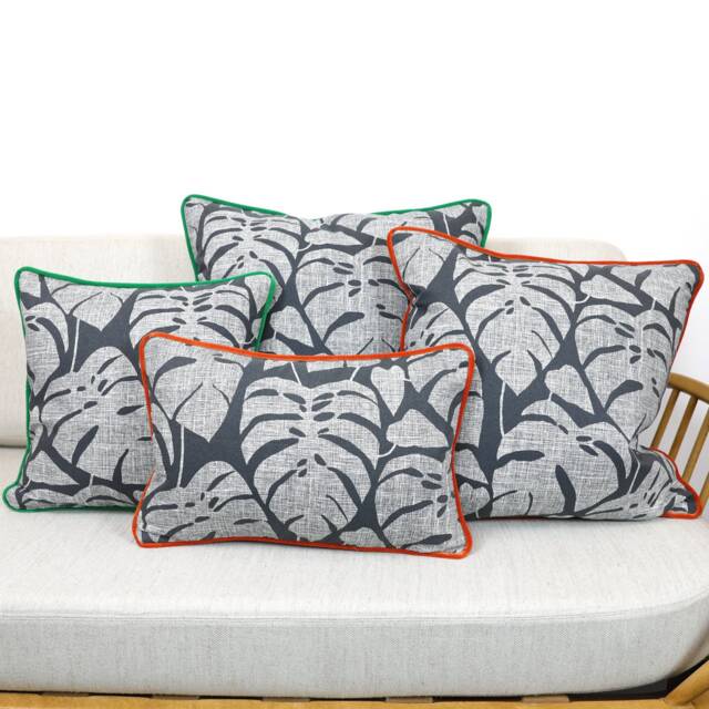 Monstera Leaf Black Cotton Cushion Covers, Designer Throw Pillows With Bright Contrast Velvet Piping By Missprint - image 1
