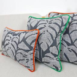 Monstera Leaf Black Cotton Cushion Covers, Designer Throw Pillows With Bright Contrast Velvet Piping By Missprint - thumbnail 3