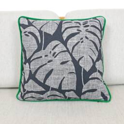 Monstera Leaf Black Cotton Cushion Covers, Designer Throw Pillows With Bright Contrast Velvet Piping By Missprint - thumbnail 4