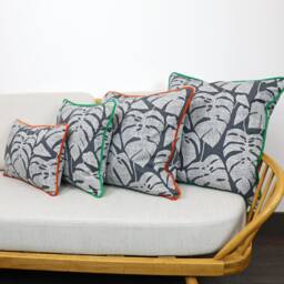 Monstera Leaf Black Cotton Cushion Covers, Designer Throw Pillows With Bright Contrast Velvet Piping By Missprint - thumbnail 2