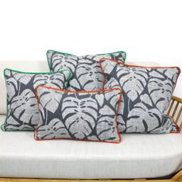 Monstera Leaf Black Cotton Cushion Covers, Designer Throw Pillows With Bright Contrast Velvet Piping By Missprint - thumbnail 1