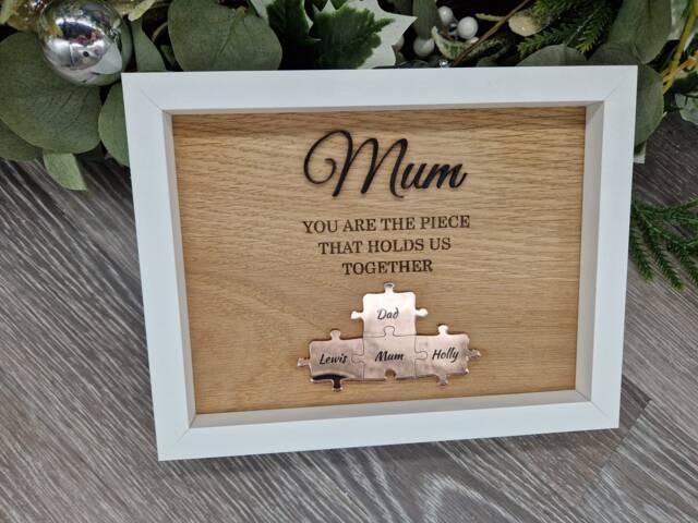 Personalised Mum Puzzle Piece Picture Frame, Oak Wood, Gold Acrylic - image 1