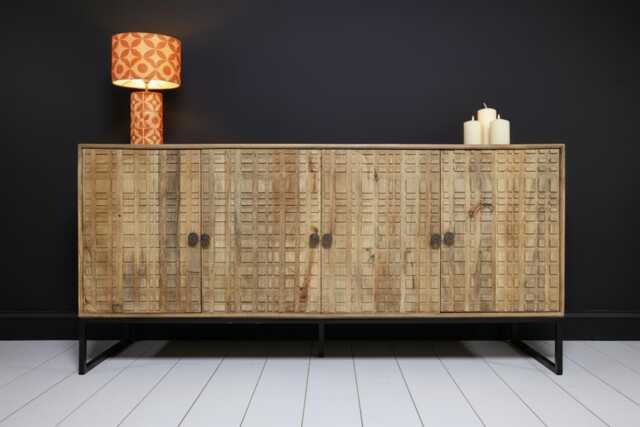 Large Sideboard 4 Door W168cm - Rustic Carved Wood Storage Cabinet Natural Cupboard Dining Room Lounge Hall Furniture - image 1
