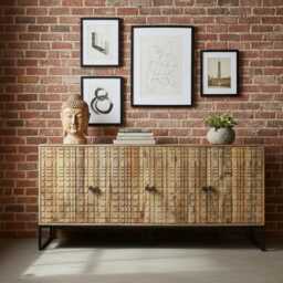 Large Sideboard 4 Door W168cm - Rustic Carved Wood Storage Cabinet Natural Cupboard Dining Room Lounge Hall Furniture - thumbnail 2