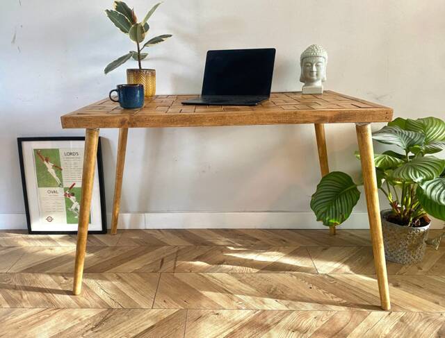 For??t Rustic Parquet Herringbone Chevron Patterned Wood Chunky Industrial Straight Pin Leg Desk Table Handcrafted With Solid - image 1