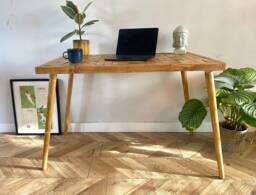 For??t Rustic Parquet Herringbone Chevron Patterned Wood Chunky Industrial Straight Pin Leg Desk Table Handcrafted With Solid - thumbnail 1