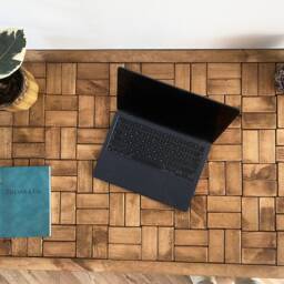 For??t Rustic Parquet Herringbone Chevron Patterned Wood Chunky Industrial Straight Pin Leg Desk Table Handcrafted With Solid - thumbnail 2