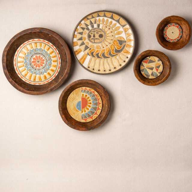 Boho Wall Art Set Of 5 - Made To Order Hand Carved Wooden Dough Bowl With Handmade Ceramic & Mosaic Tiles, Deep Framed Mosaics Muted Mod - image 1