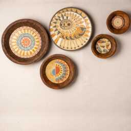 Boho Wall Art Set Of 5 - Made To Order Hand Carved Wooden Dough Bowl With Handmade Ceramic & Mosaic Tiles, Deep Framed Mosaics Muted Mod - thumbnail 1