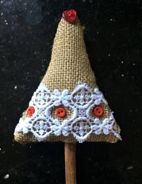 Christmas Tree Hanging Decoration/Ornament. Handmade From Rustic Hessian With Lace & Cinnamon - image 1