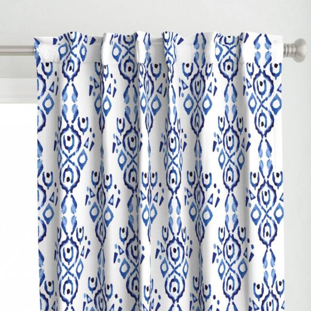 Boho Curtain Panel - Watercolor Indigo & White Ikat Damask Bohemian Custom Blue By Misschiffdesigns - image 1