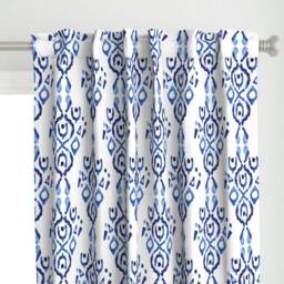 Boho Curtain Panel - Watercolor Indigo & White Ikat Damask Bohemian Custom Blue By Misschiffdesigns - thumbnail 1