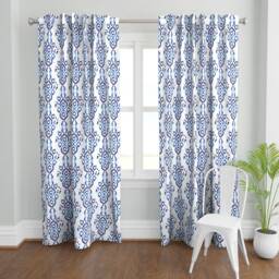 Boho Curtain Panel - Watercolor Indigo & White Ikat Damask Bohemian Custom Blue By Misschiffdesigns - thumbnail 2