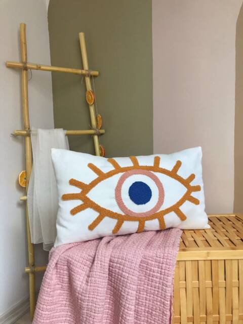 Punch Needle Evil Eye Pillow Case, Bohemian Throw Pillow, Decorative Cushion Embroidery Blue Squab - image 1