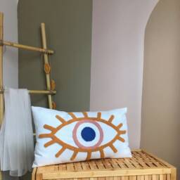 Punch Needle Evil Eye Pillow Case, Bohemian Throw Pillow, Decorative Cushion Embroidery Blue Squab - thumbnail 2