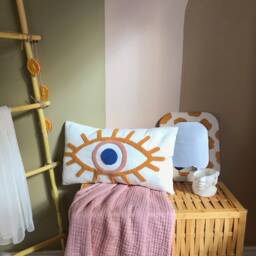 Punch Needle Evil Eye Pillow Case, Bohemian Throw Pillow, Decorative Cushion Embroidery Blue Squab - thumbnail 3