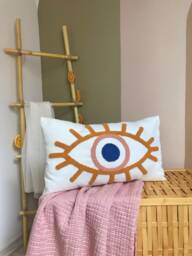 Punch Needle Evil Eye Pillow Case, Bohemian Throw Pillow, Decorative Cushion Embroidery Blue Squab - thumbnail 1