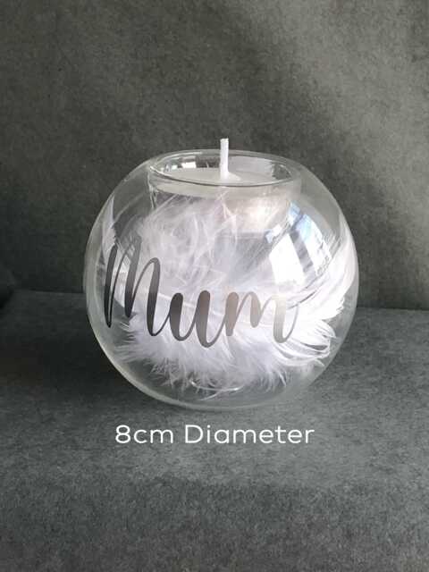 Personalised 8cm Memorial Tea Light Holder Glass Candle With White Feathers - image 1