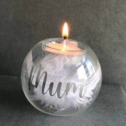 Personalised 8cm Memorial Tea Light Holder Glass Candle With White Feathers - thumbnail 4