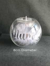 Personalised 8cm Memorial Tea Light Holder Glass Candle With White Feathers