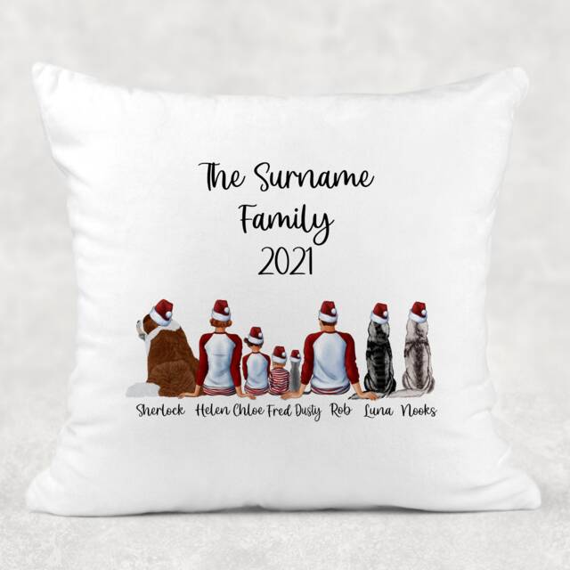 Personalised Christmas Family Cushion Cover With Adults, Children Plus Dog & Cats Pillow Case - image 1