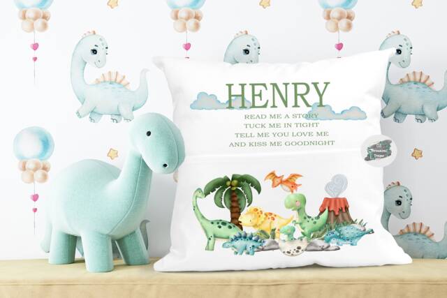 Personalised Kids Dinosaur Book Cushion, Storytime Pillow - image 1