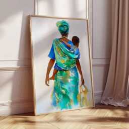 African Woman Watercolor Art Print, Mother & Child Poster, Cultural Wall Art, Modern Ethnic Home Decor, Vibrant Painting Print - thumbnail 2
