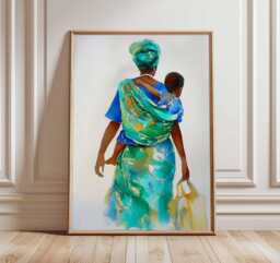 African Woman Watercolor Art Print, Mother & Child Poster, Cultural Wall Art, Modern Ethnic Home Decor, Vibrant Painting Print - thumbnail 1
