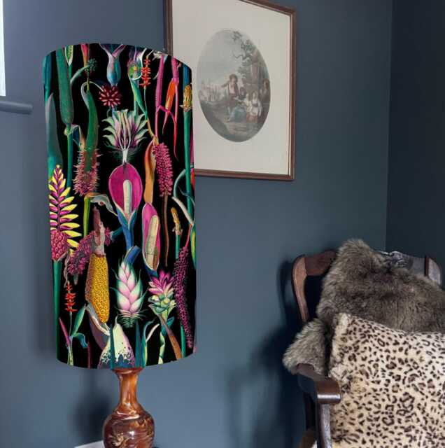 Black Botanical Velvet Extra Tall Cylindrical Lampshade, With A White Lining - image 1