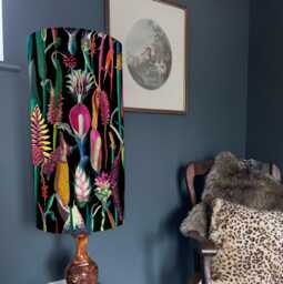 Black Botanical Velvet Extra Tall Cylindrical Lampshade, With A White Lining - thumbnail 1