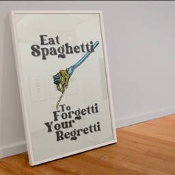 Eat Spaghetti To Forgetti Your Regretti Print, Funny Kitchen Wall Art, Italian Food Poster, Pasta Lover Gift, Retro Typography Decor - thumbnail 3
