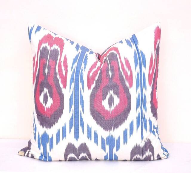 Blue & Pink Ikat Pillow Cover, 20x20 Cotton Cushion - image 1
