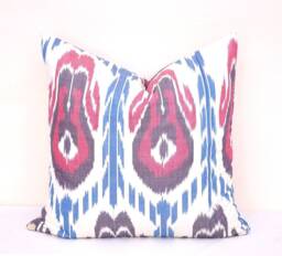 Blue & Pink Ikat Pillow Cover, 20x20 Cotton Cushion - thumbnail 1
