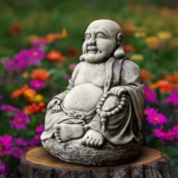 Large Buddha Statue Concrete Sculpture Japanese Smiling Figurine Zen Garden Decoration Handmade Art Asian Ornament - thumbnail 2