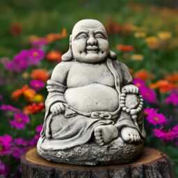 Large Buddha Statue Concrete Sculpture Japanese Smiling Figurine Zen Garden Decoration Handmade Art Asian Ornament - thumbnail 1