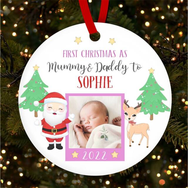 First As Parents Pink Photo Personalised Christmas Tree Ornament Decoration