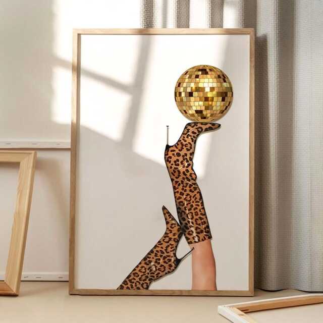 Leopard Print Boots Disco Ball Art Poster, Trendy Wall Art, Apartment Aesthetic Decor, Retro Home Print, Printed Gift
