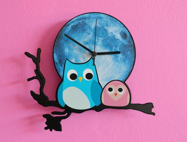 Owl With Baby Blue Moon Cartoon - Wall Clock Clock Unique Decor Gift Idea Rgb Led 5V Backlit Option - image 1