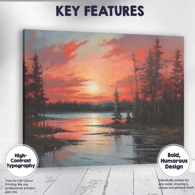 Crimson Sunset Forest Lake Reflection Landscape Canvas Wall Art Print Decor Picture Ready To Hang - image 1