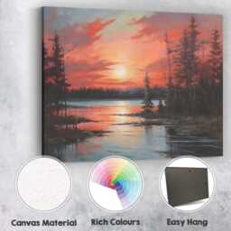 Crimson Sunset Forest Lake Reflection Landscape Canvas Wall Art Print Decor Picture Ready To Hang - thumbnail 2