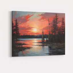 Crimson Sunset Forest Lake Reflection Landscape Canvas Wall Art Print Decor Picture Ready To Hang - thumbnail 4